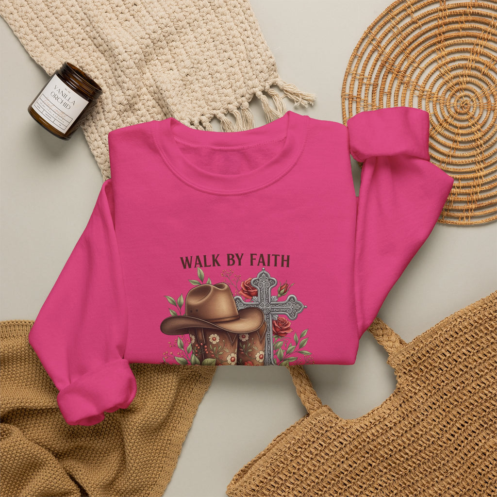 Faith Cowboy Boots Sweatshirt — "Walk by Faith, Even When You Cannot See" Christian Crewneck