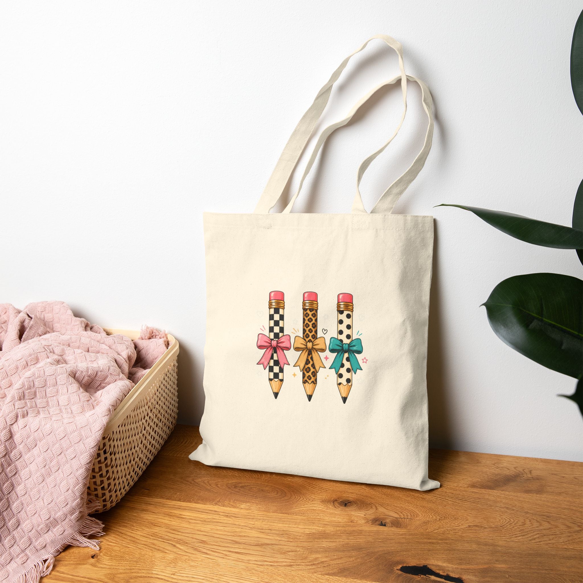 Canvas Tote Bag — Cute Decorative Pencils with Bows | School Teacher Gift
