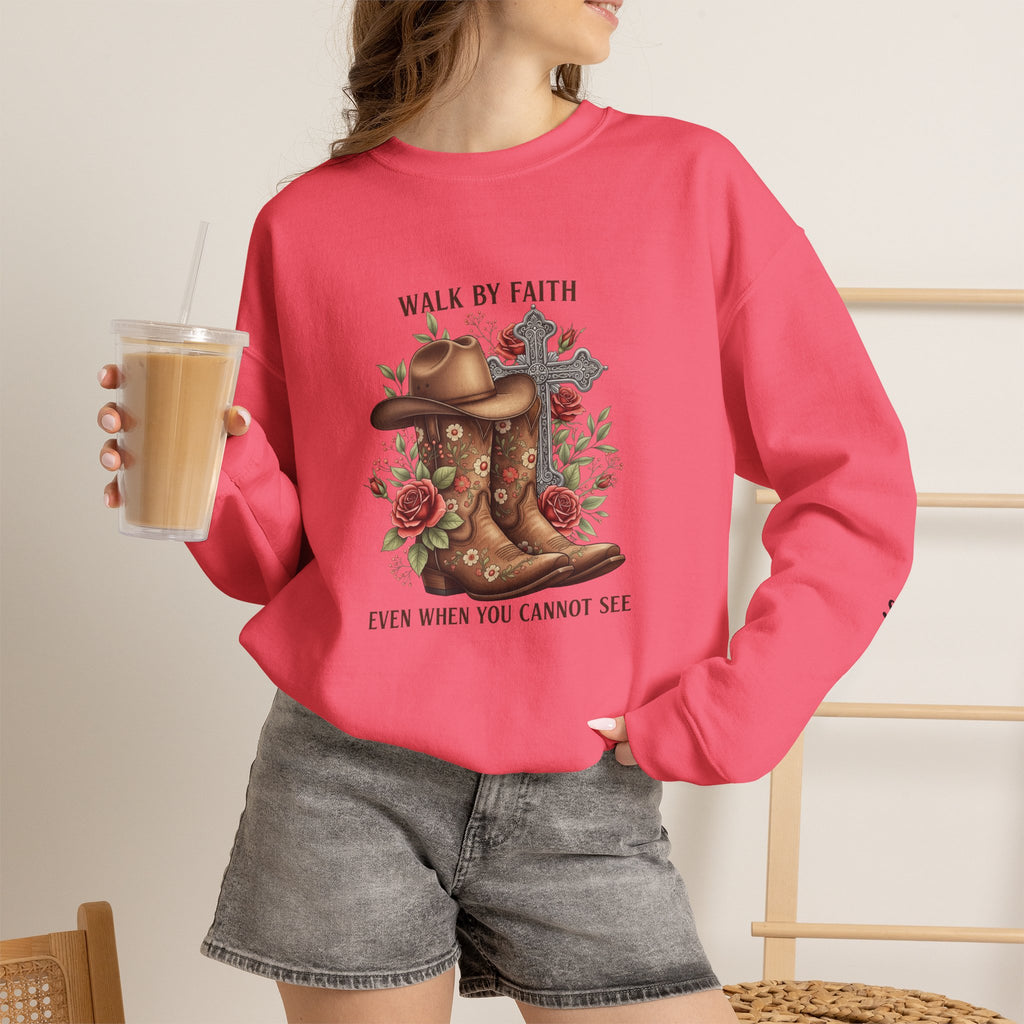 Faith Cowboy Boots Sweatshirt — "Walk by Faith, Even When You Cannot See" Christian Crewneck
