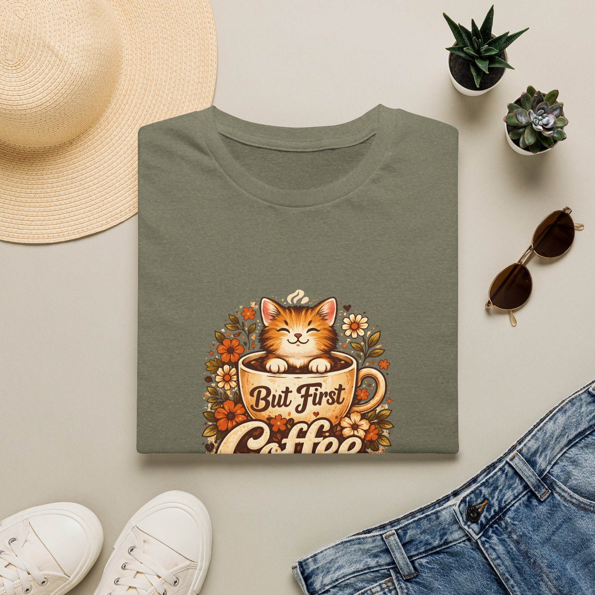 But First Coffee Cat T-Shirt — Cute Floral Gift for Coffee Lovers Women's Tee