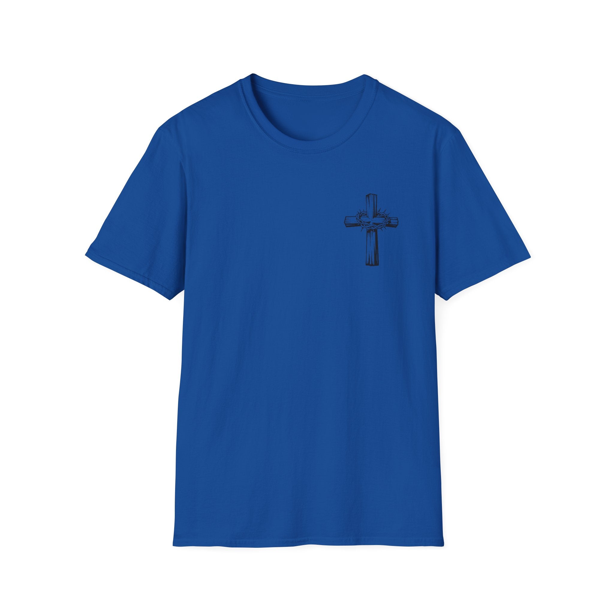 Cross Lion and Jesus Back Print T-Shirt — Wood Cross Chest Christian Faith Graphic