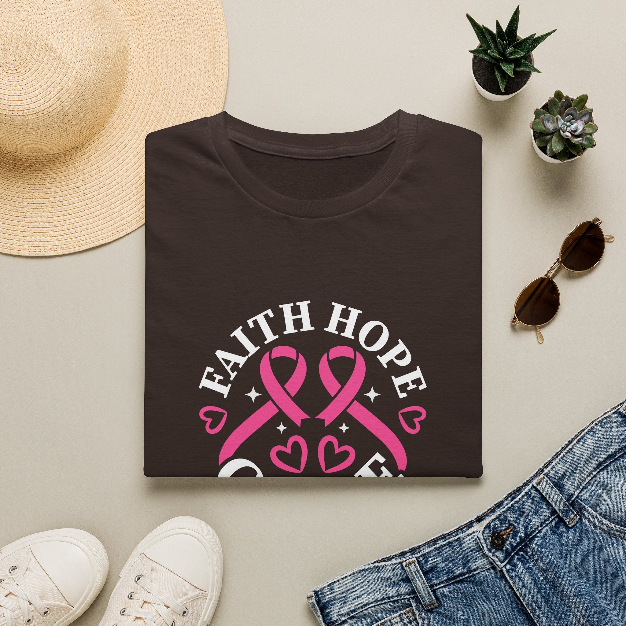 Faith Hope Cure Breast Cancer Awareness T-Shirt — Pink Ribbon Gift for Her Support Graphic Tee