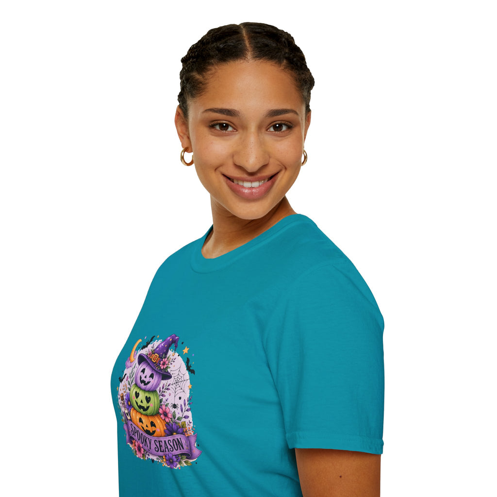 Spooky Season Pumpkin Stack T-Shirt — Cute Halloween Gift for Women Witch Hat Tee