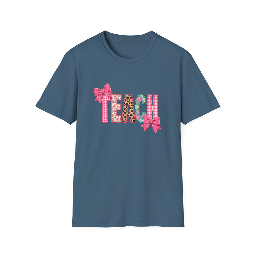 Floral Leopard TEACH T-Shirt — Cute Back-to-School Gift for Teachers Pink Bow Tee