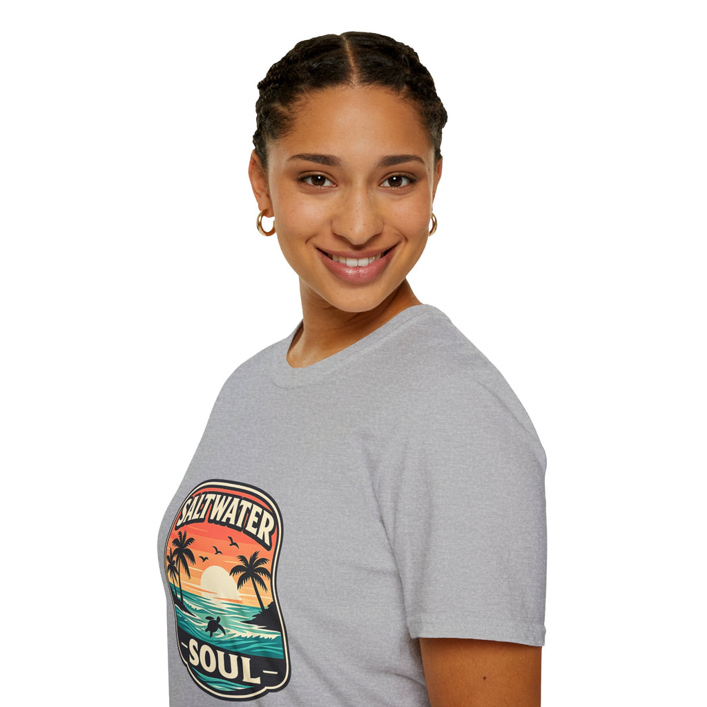 Saltwater Soul Retro Beach T-Shirt — Cute Coastal Gift for Women Sunset Palm Tee