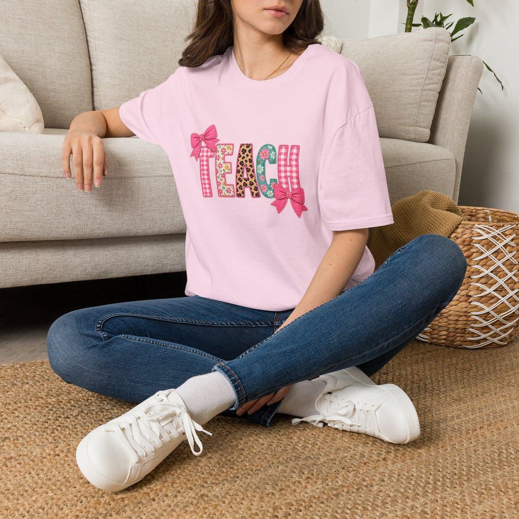 Floral Leopard TEACH T-Shirt — Cute Back-to-School Gift for Teachers Pink Bow Tee