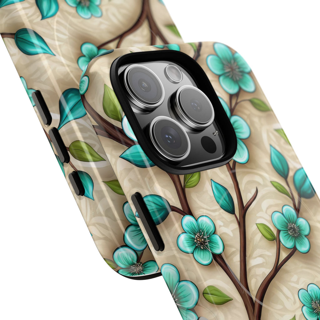 Floral Teal Blossom Tough Magnetic iPhone Case — MagSafe Protective Cover