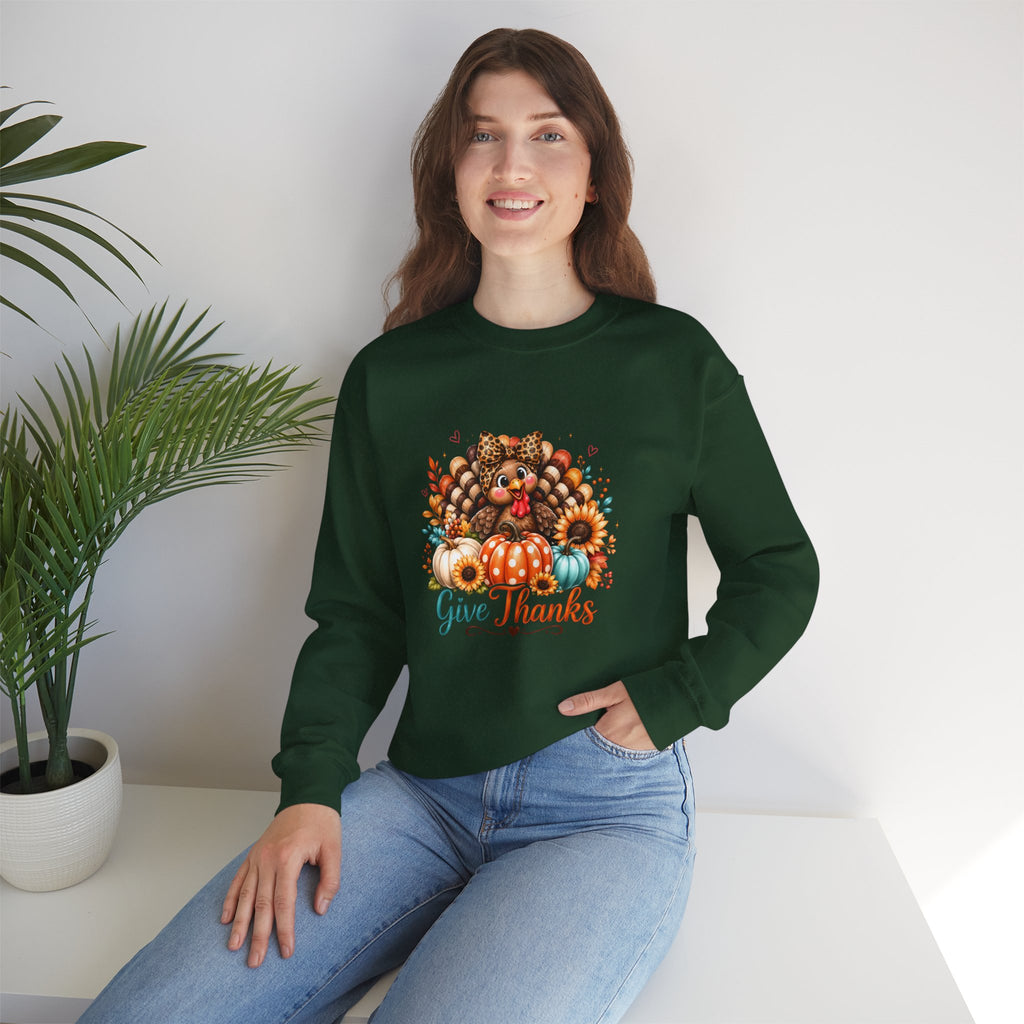 Sweatshirt — "Give Thanks" Autumn Turkey & Pumpkin Thanksgiving Crewneck