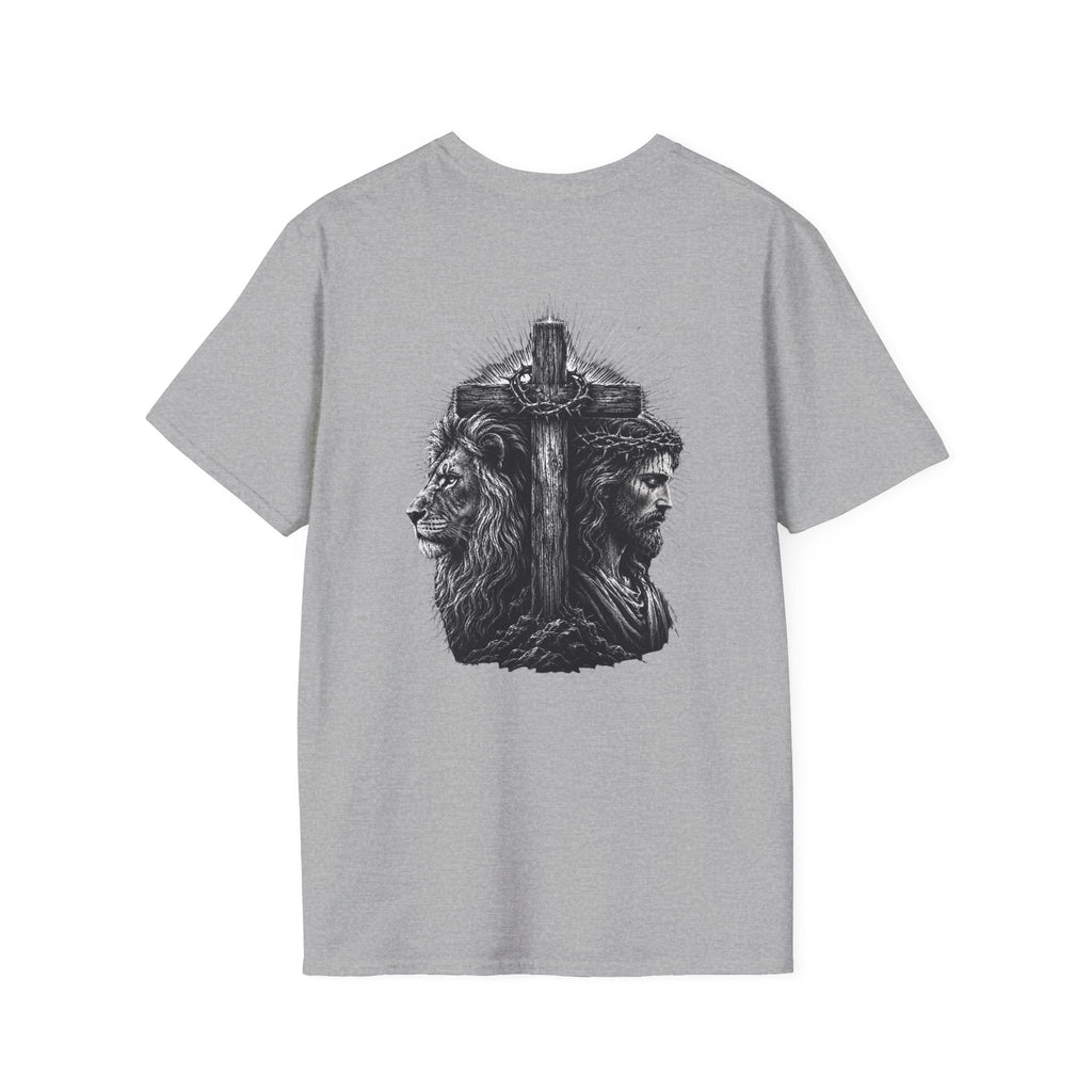 Cross Lion and Jesus Back Print T-Shirt — Wood Cross Chest Christian Faith Graphic