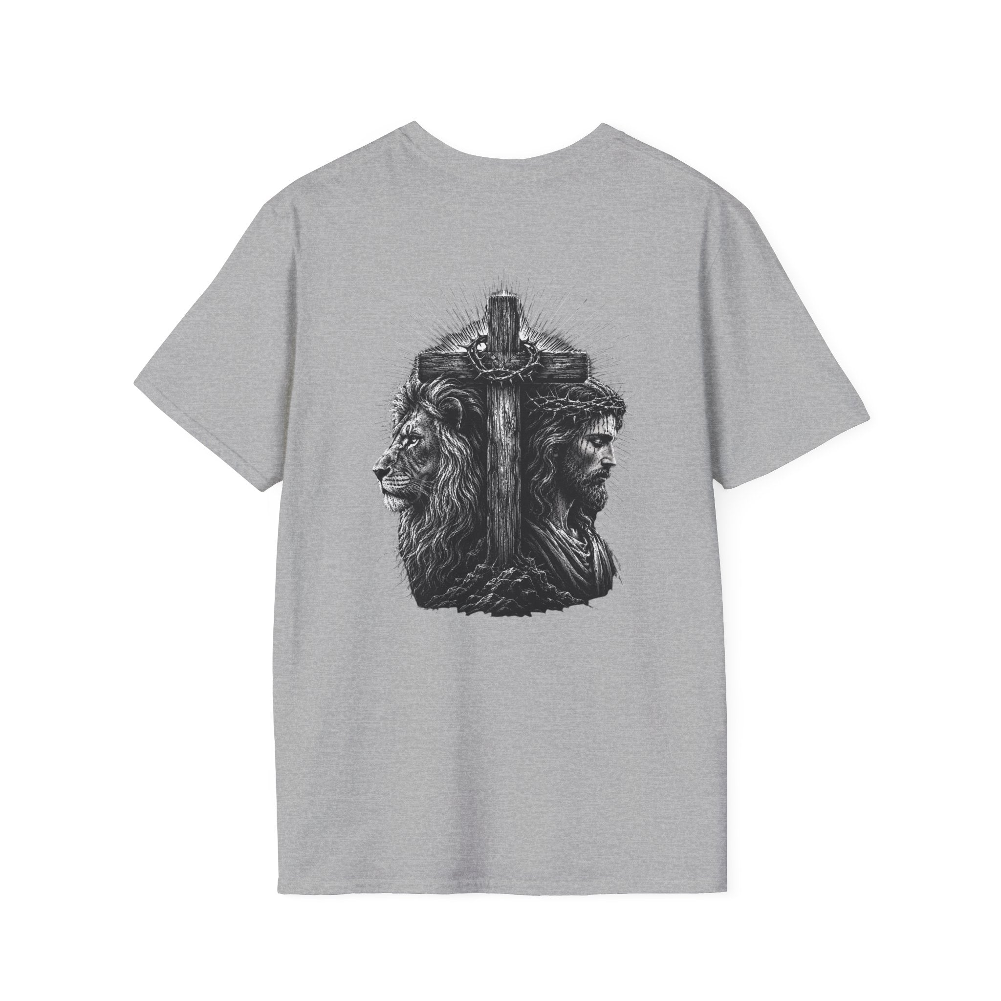 Cross Lion and Jesus Back Print T-Shirt — Wood Cross Chest Christian Faith Graphic