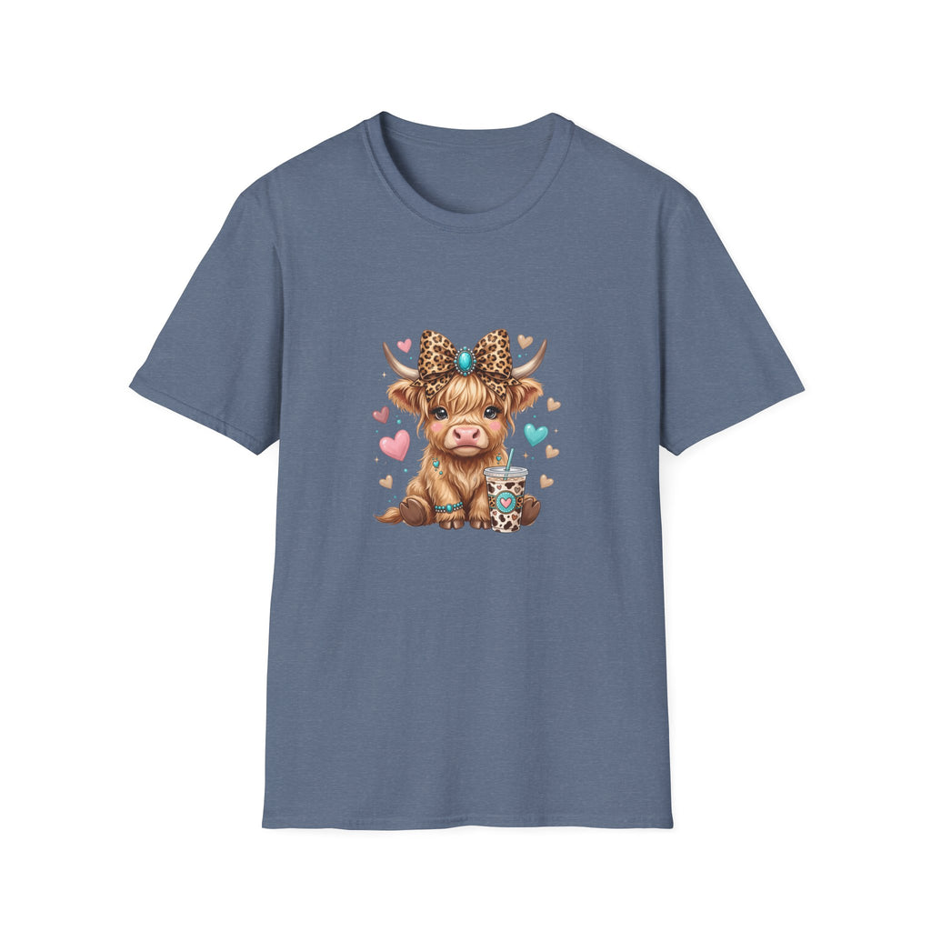 Highland Cow Leopard Bow T-Shirt — Cute Funny Gift for Her Hearts Graphic Tee