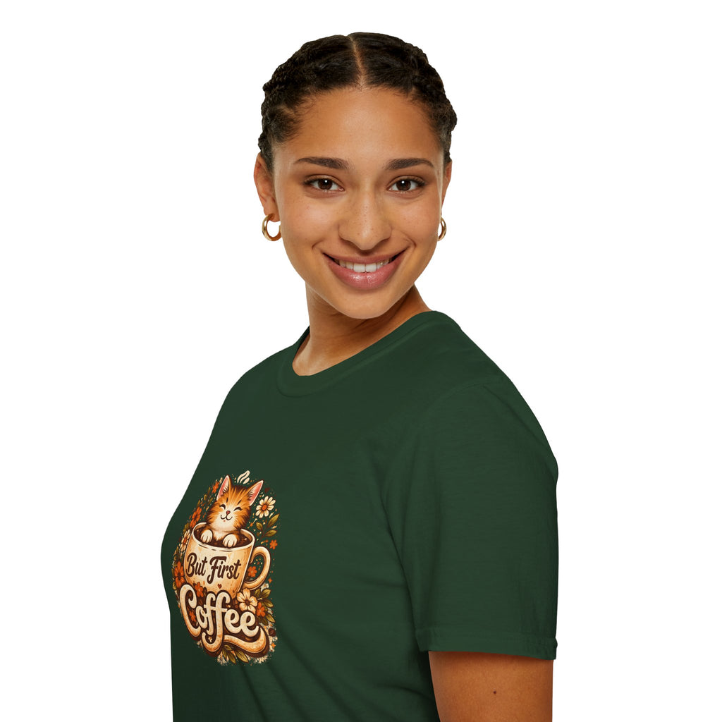 But First Coffee Cat T-Shirt — Cute Floral Gift for Coffee Lovers Women's Tee