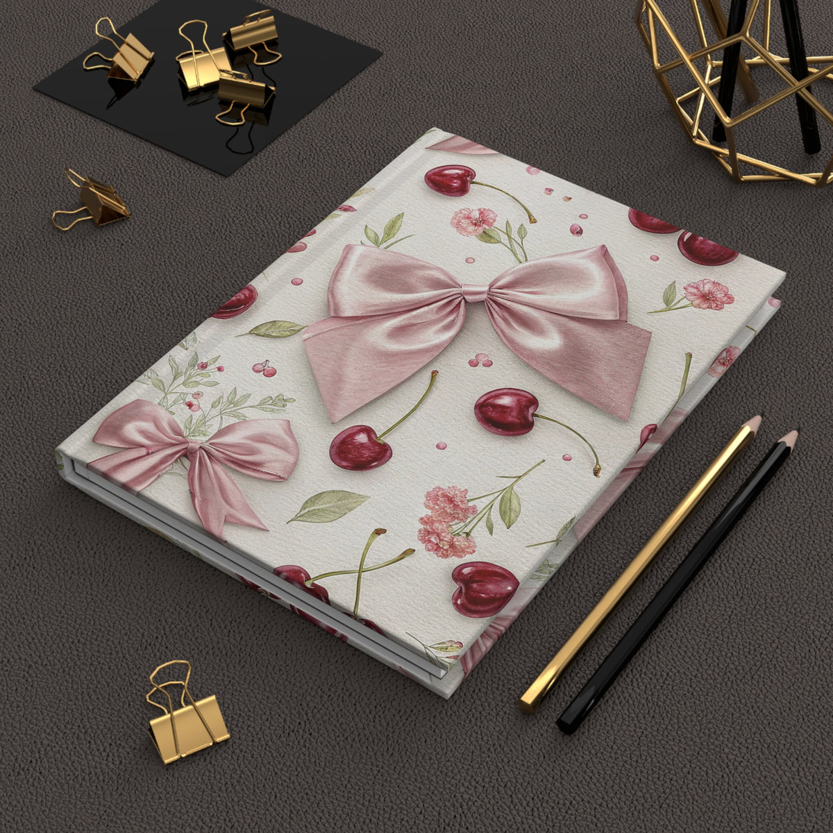 Cherry Bow Hardcover Journal — Pink Ribbon Floral Notebook for Gifts & Journaling