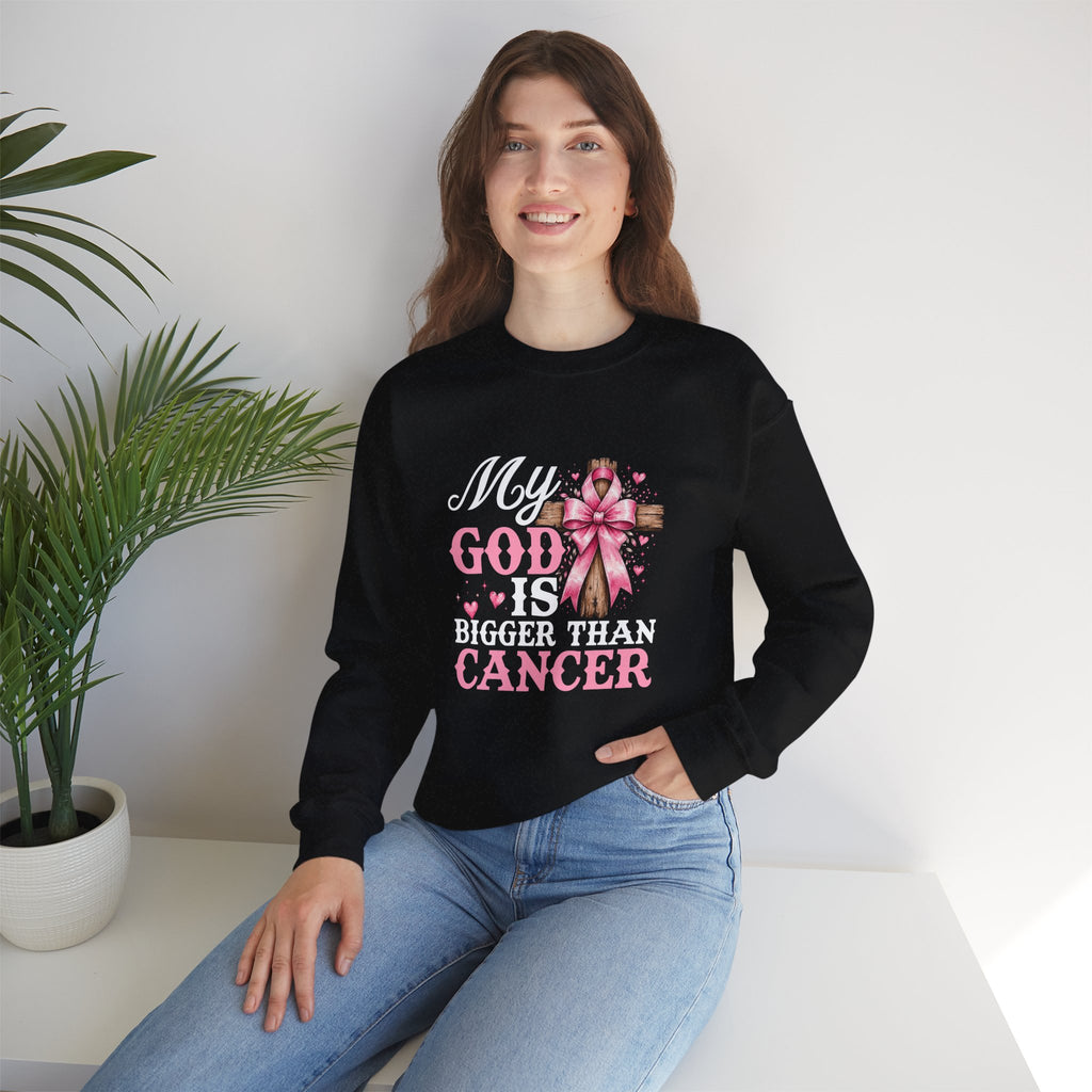 My God Is Bigger Than Cancer Breast Cancer Awareness Crewneck Sweatshirt