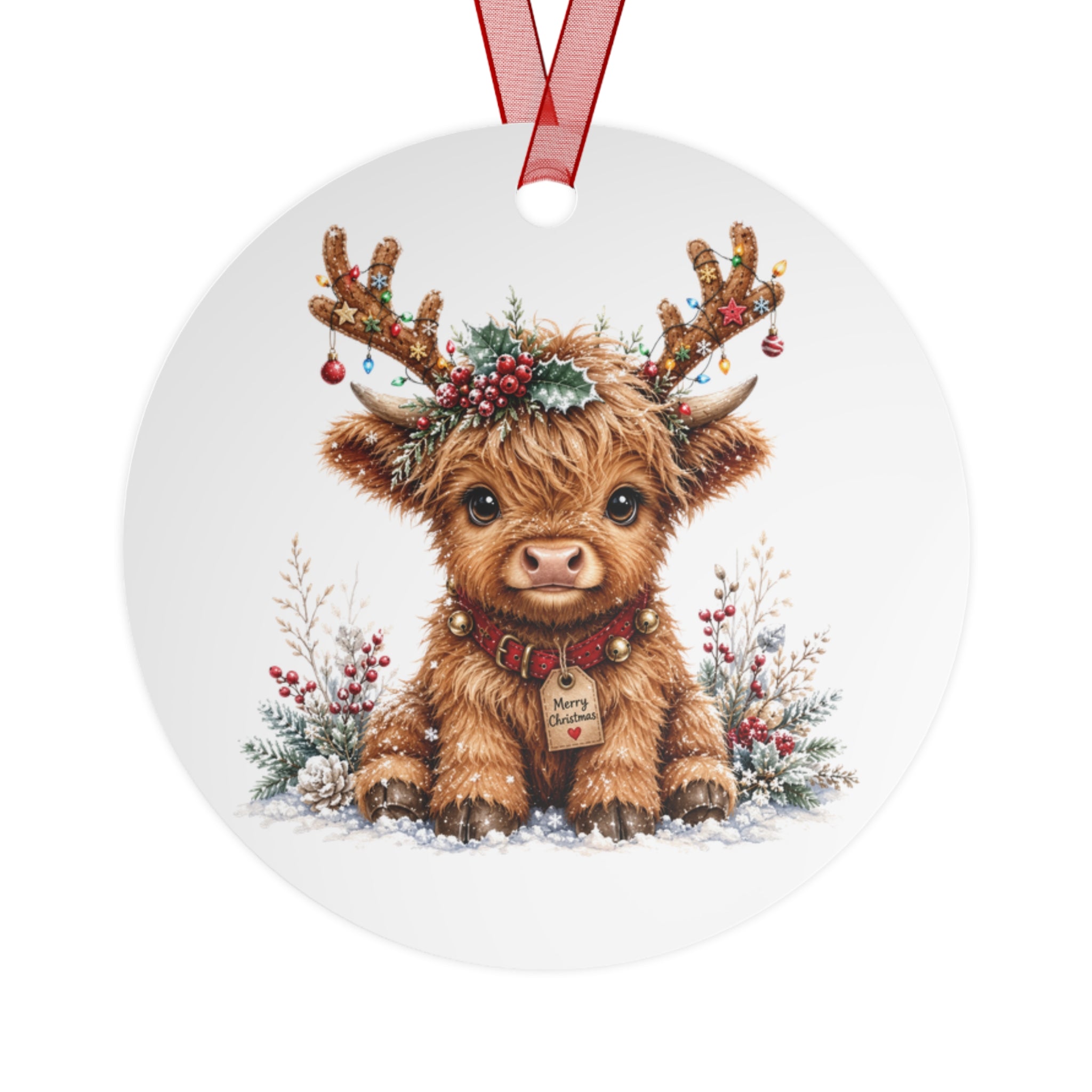 Cute Highland Cow Metal Ornament — Holiday Christmas Tree Decoration