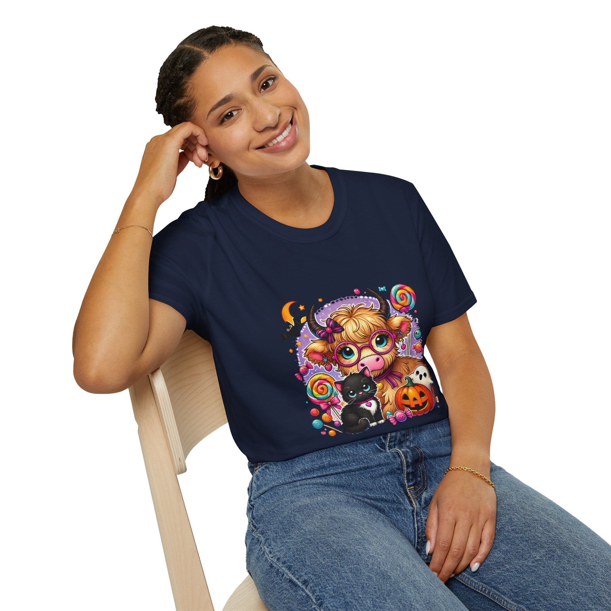 Cute Halloween Cow T-Shirt — Funny Gift for Her Candy Pumpkins & Kitty Costume Tee