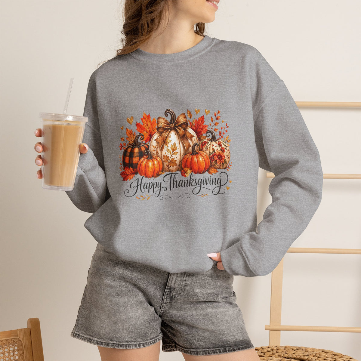 Thanksgiving Pumpkin Crewneck Sweatshirt — Happy Thanksgiving Harvest Design