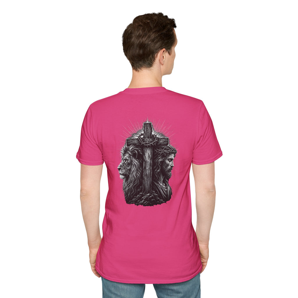 Cross Lion and Jesus Back Print T-Shirt — Wood Cross Chest Christian Faith Graphic