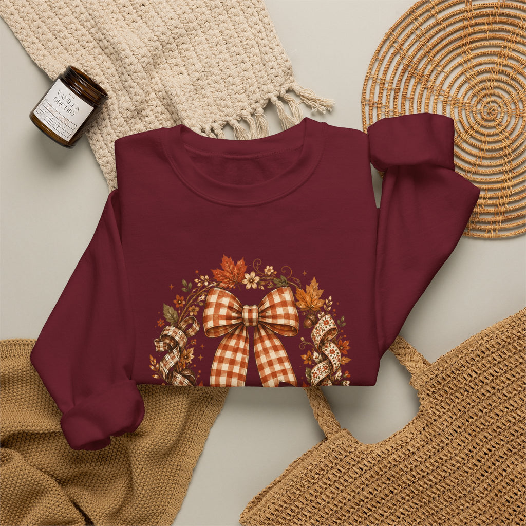 Cozy Autumn Plaid Bow Wreath Crewneck Sweatshirt