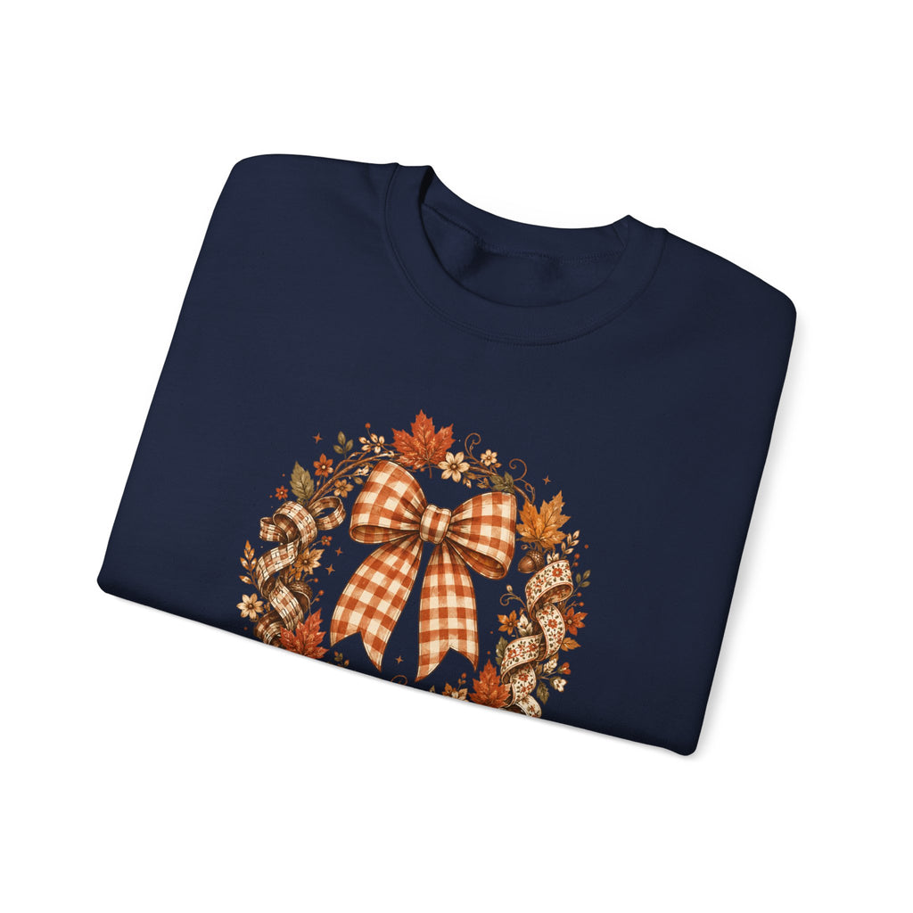 Cozy Autumn Plaid Bow Wreath Crewneck Sweatshirt