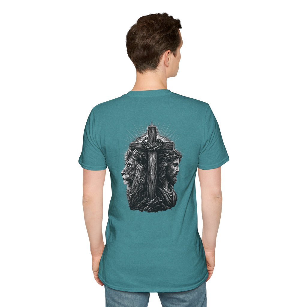 Cross Lion and Jesus Back Print T-Shirt — Wood Cross Chest Christian Faith Graphic