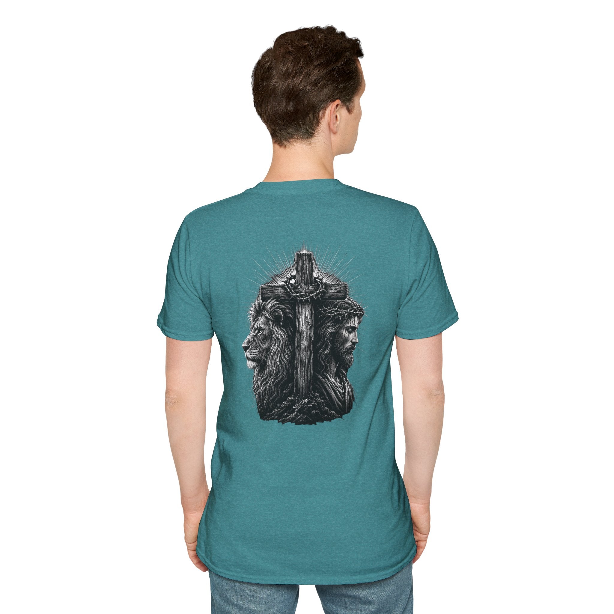 Cross Lion and Jesus Back Print T-Shirt — Wood Cross Chest Christian Faith Graphic