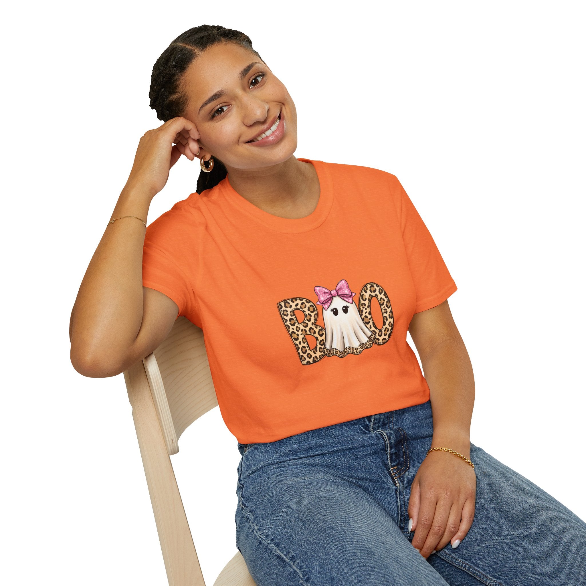 Boo Leopard Ghost T-Shirt — Cute Pink Bow Halloween Gift for Women Graphic Tee