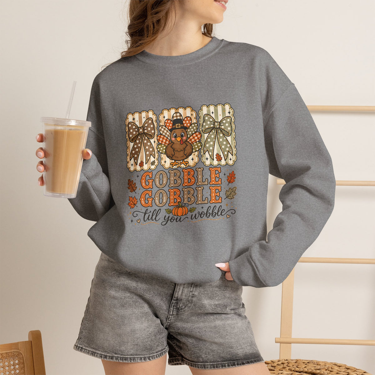 Thanksgiving Crewneck Sweatshirt — "Gobble Gobble 'til You Wobble" Turkey Design