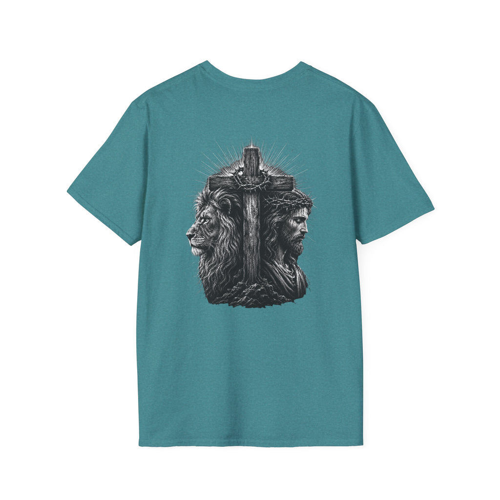 Cross Lion and Jesus Back Print T-Shirt — Wood Cross Chest Christian Faith Graphic