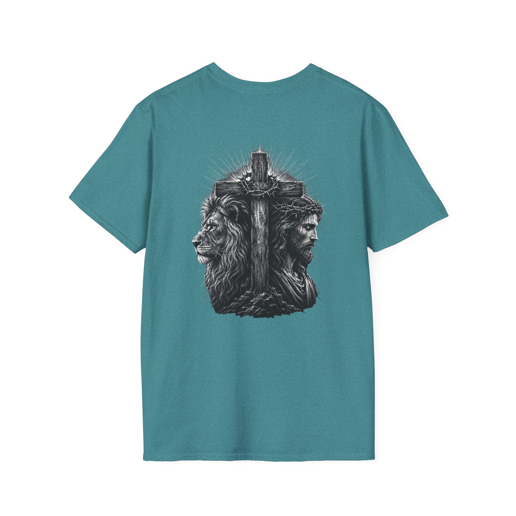 Cross Lion and Jesus Back Print T-Shirt — Wood Cross Chest Christian Faith Graphic