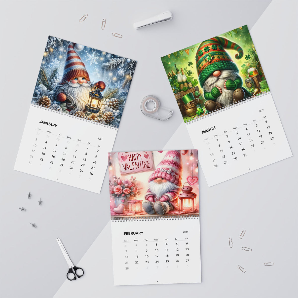 2027 Gnome Wall Calendar — Whimsical Nordic Gnome Art, 12-Month Wall Calendar