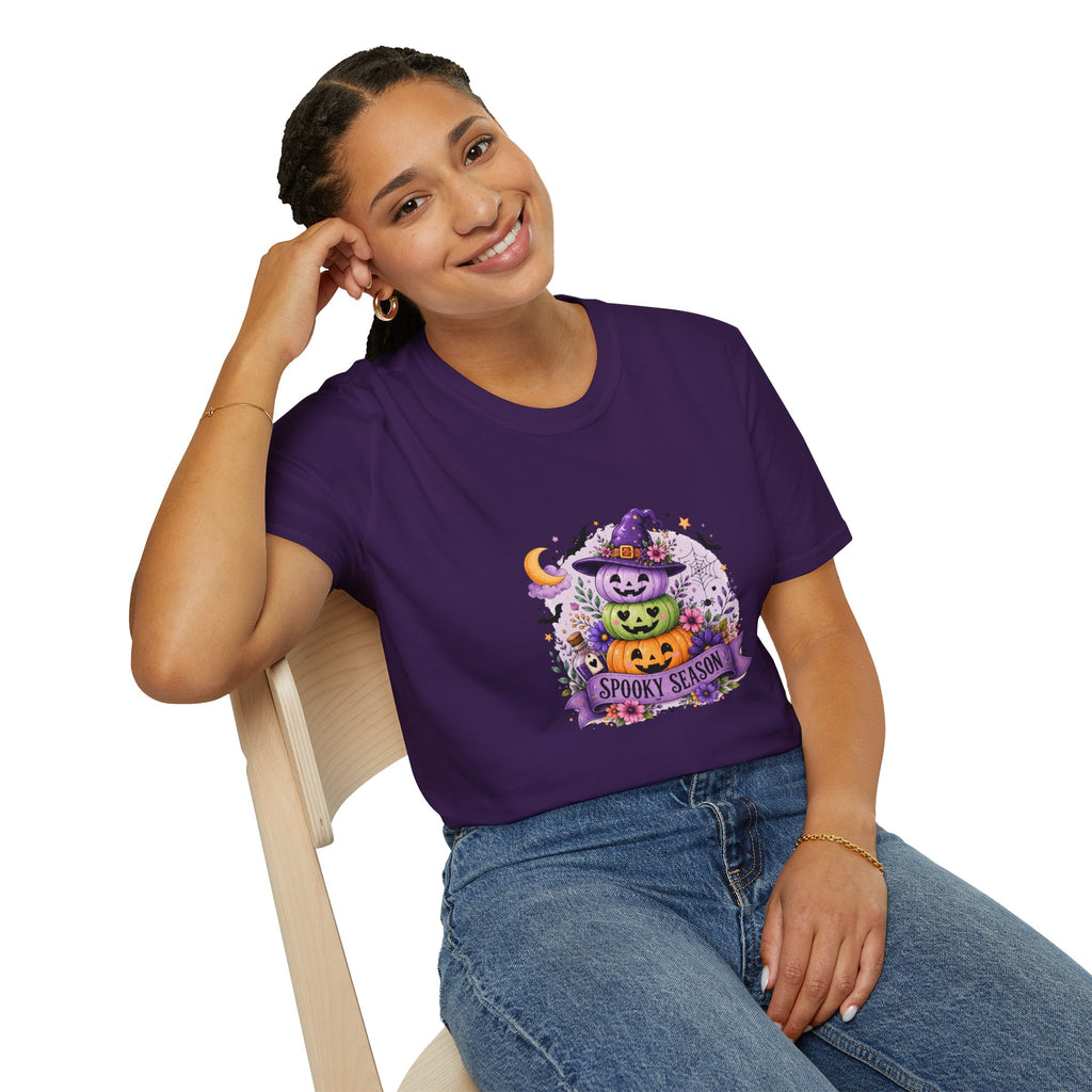 Spooky Season Pumpkin Stack T-Shirt — Cute Halloween Gift for Women Witch Hat Tee