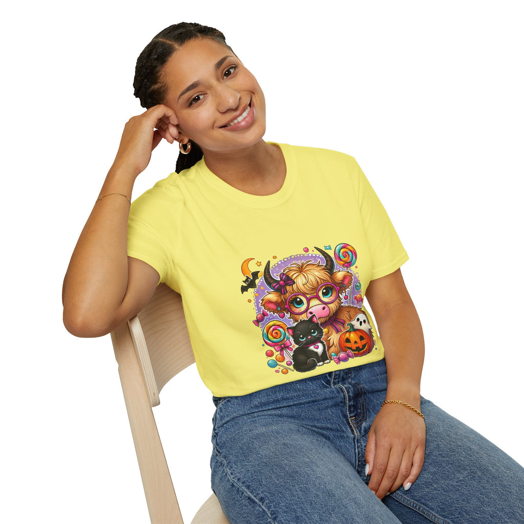 Cute Halloween Cow T-Shirt — Funny Gift for Her Candy Pumpkins & Kitty Costume Tee