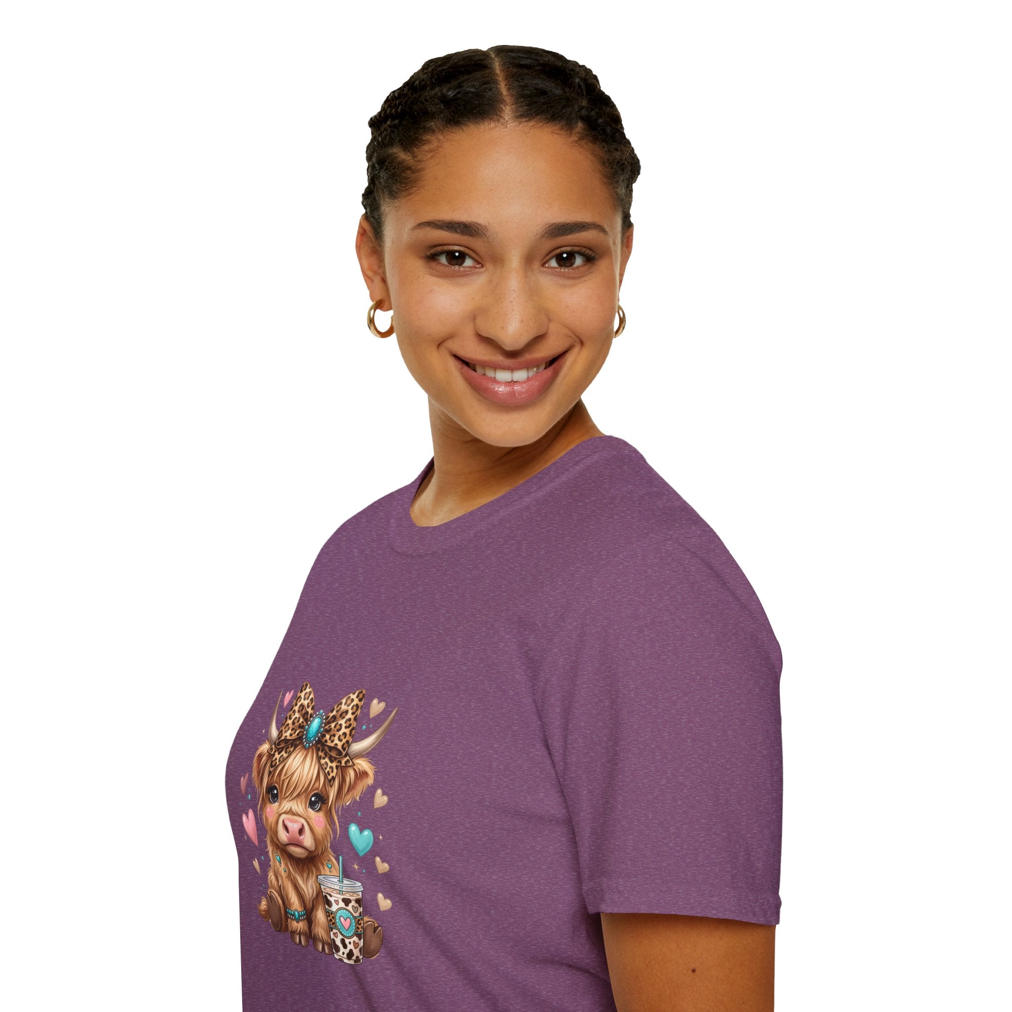 Highland Cow Leopard Bow T-Shirt — Cute Funny Gift for Her Hearts Graphic Tee