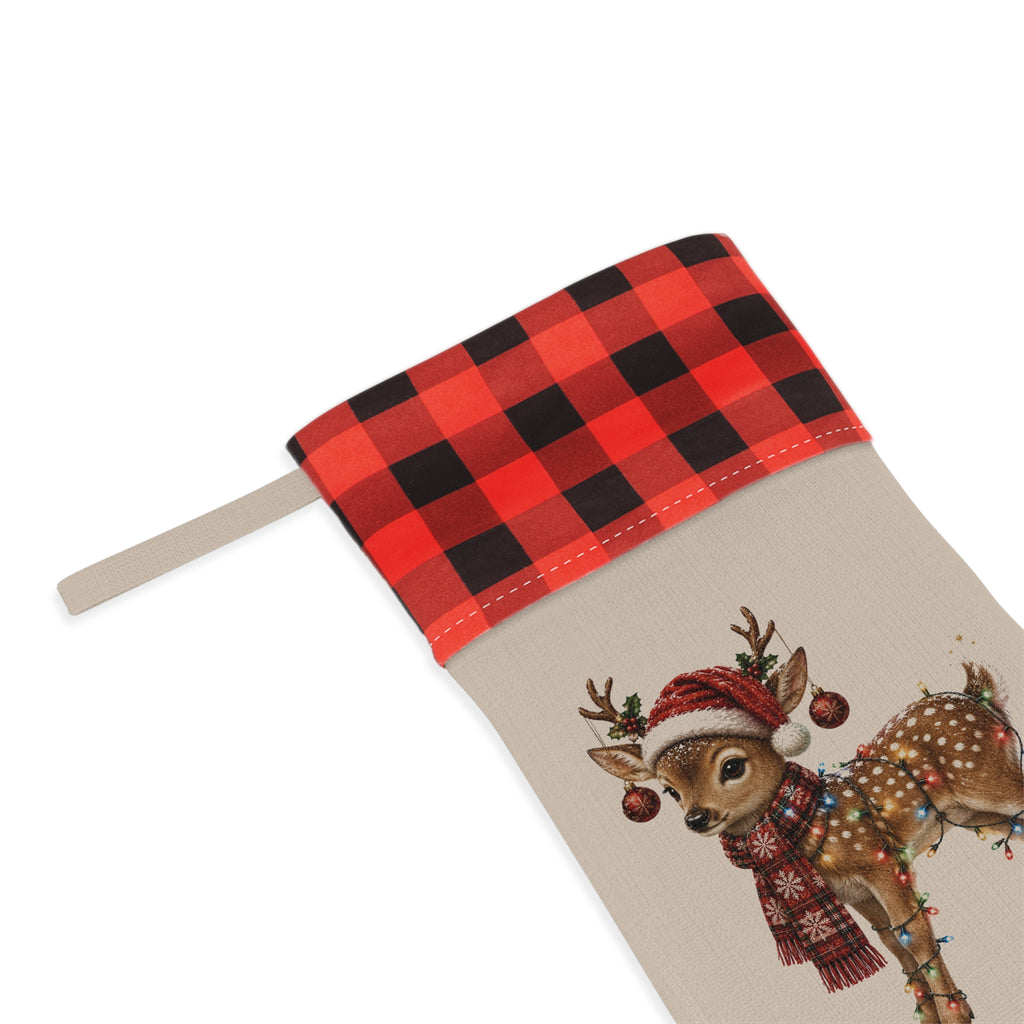 Buffalo Plaid Cuffed Christmas Stocking with Festive Fawn Holiday Mantel Decor