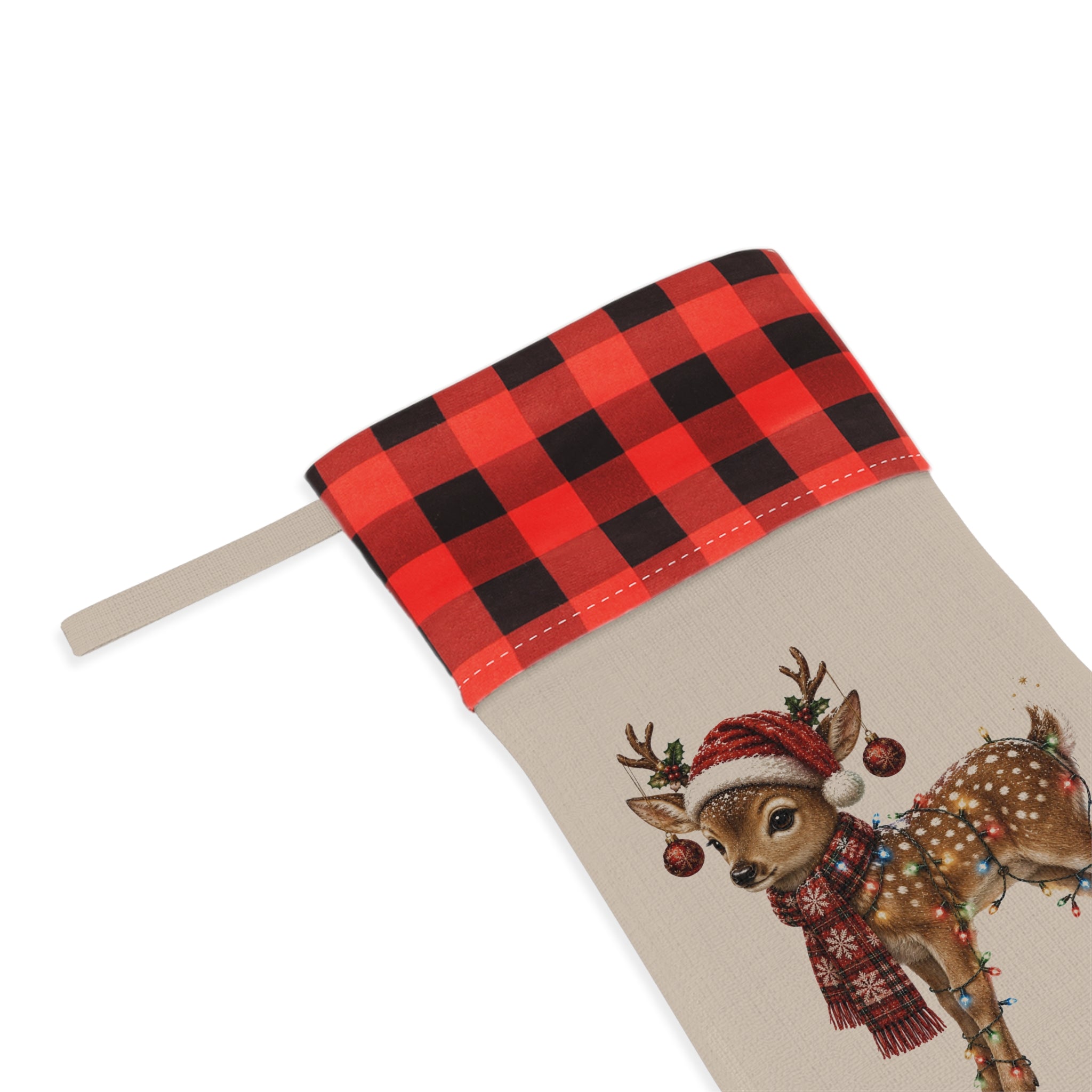 Buffalo Plaid Cuffed Christmas Stocking with Festive Fawn Holiday Mantel Decor