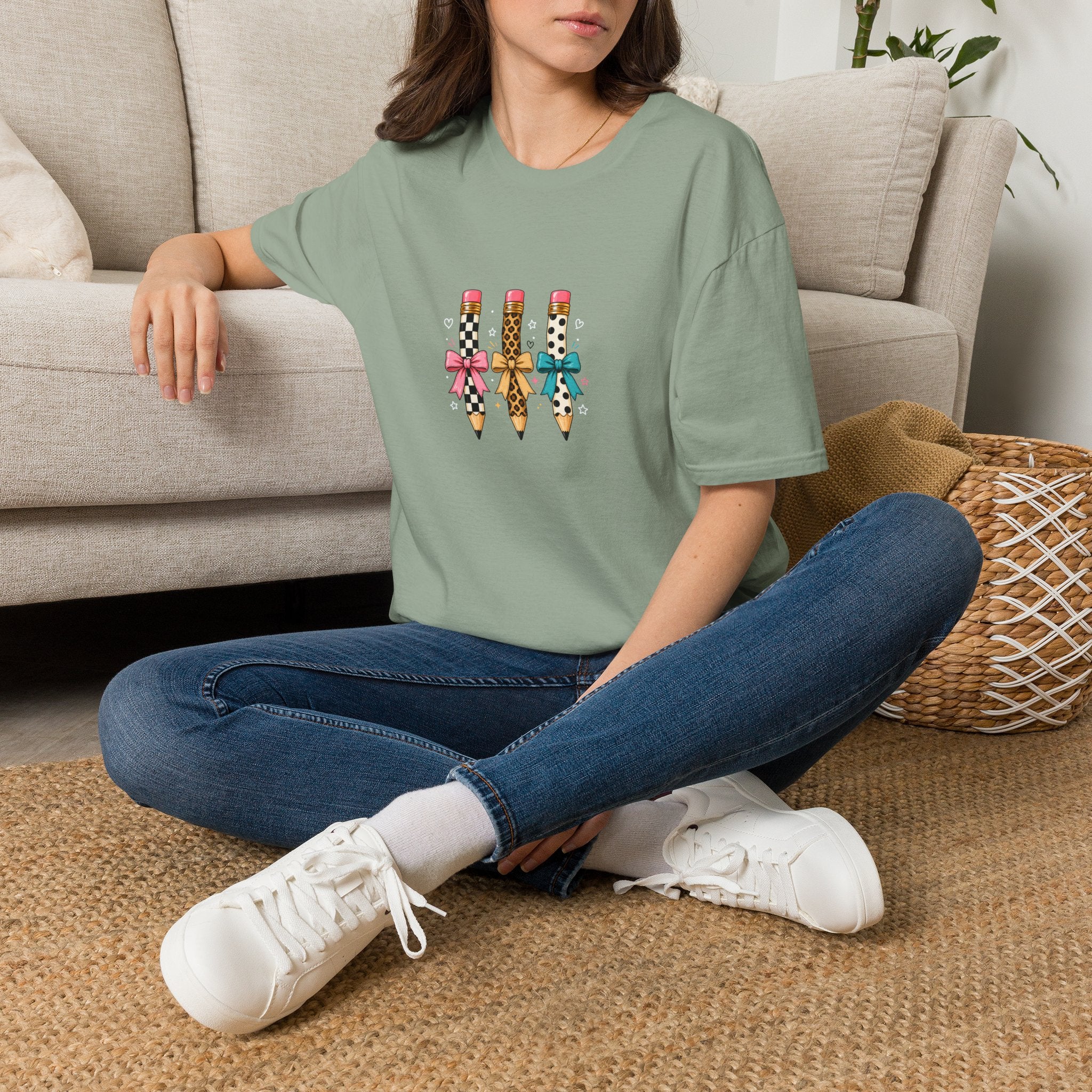 Pencil Trio Graphic T-Shirt — Cute Patterned Pencils with Bows