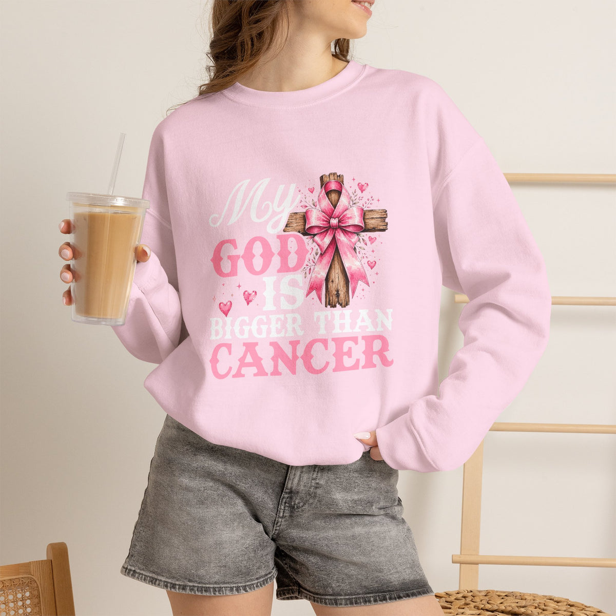 My God Is Bigger Than Cancer Breast Cancer Awareness Crewneck Sweatshirt