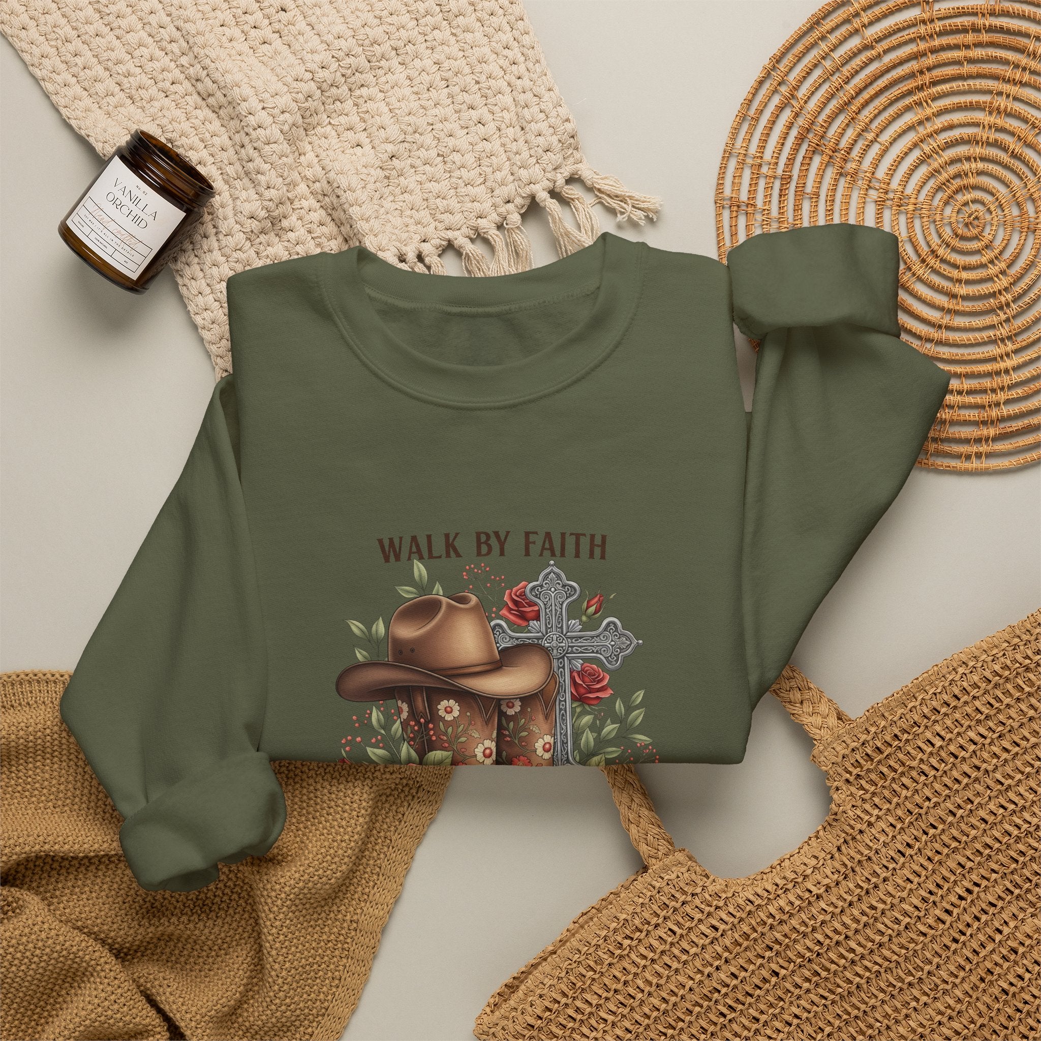 Faith Cowboy Boots Sweatshirt — "Walk by Faith, Even When You Cannot See" Christian Crewneck