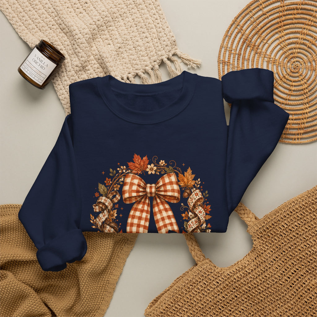 Cozy Autumn Plaid Bow Wreath Crewneck Sweatshirt