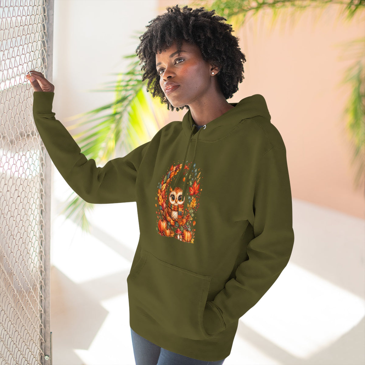 Cozy Autumn Owl Crescent Moon Embroidered Hoodie