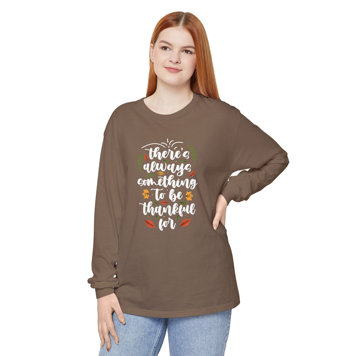Thankful For Crewneck Long Sleeve Tee — Fall Thanksgiving Gratitude Shirt