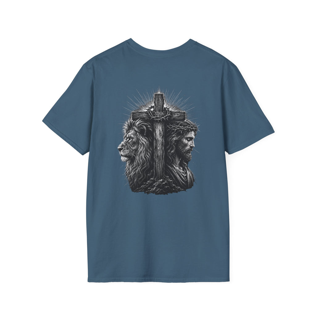 Cross Lion and Jesus Back Print T-Shirt — Wood Cross Chest Christian Faith Graphic