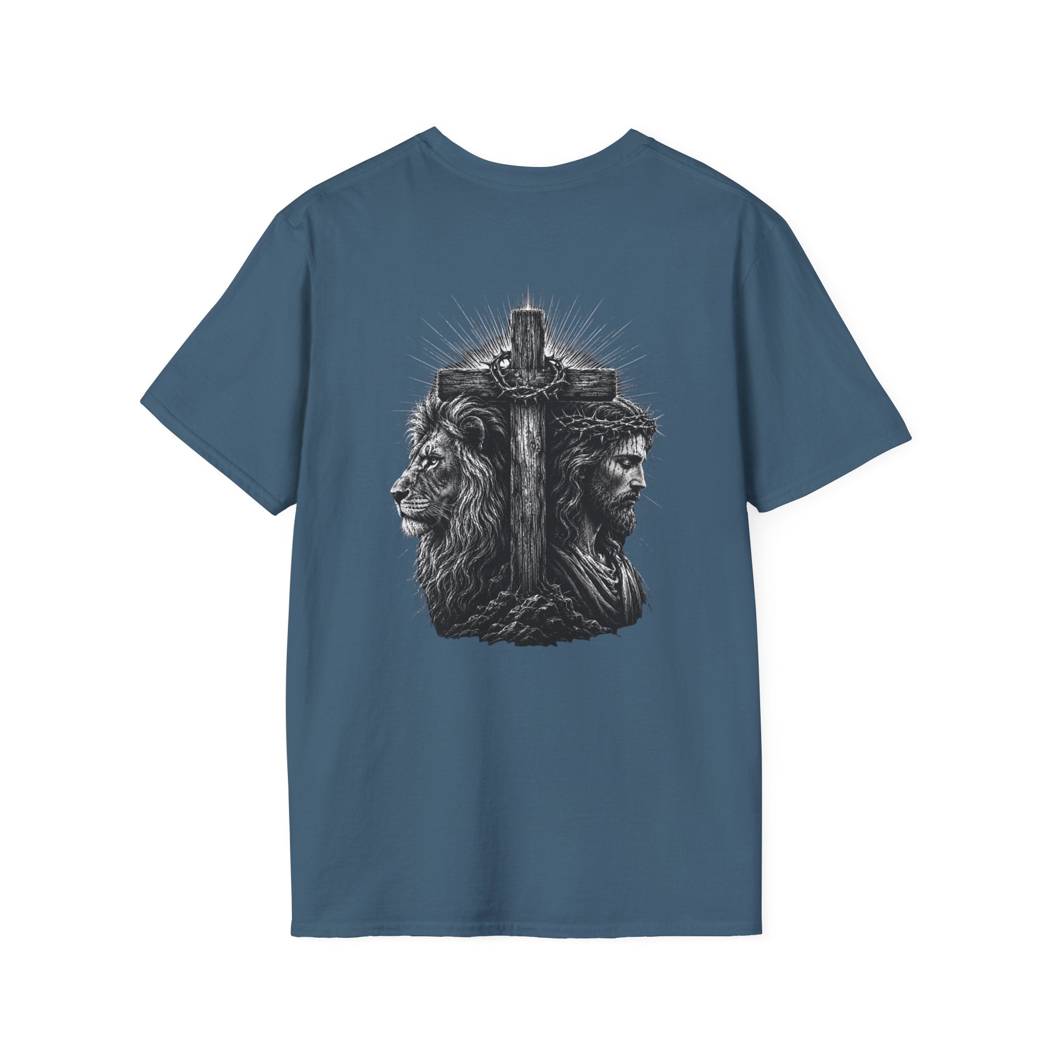 Cross Lion and Jesus Back Print T-Shirt — Wood Cross Chest Christian Faith Graphic