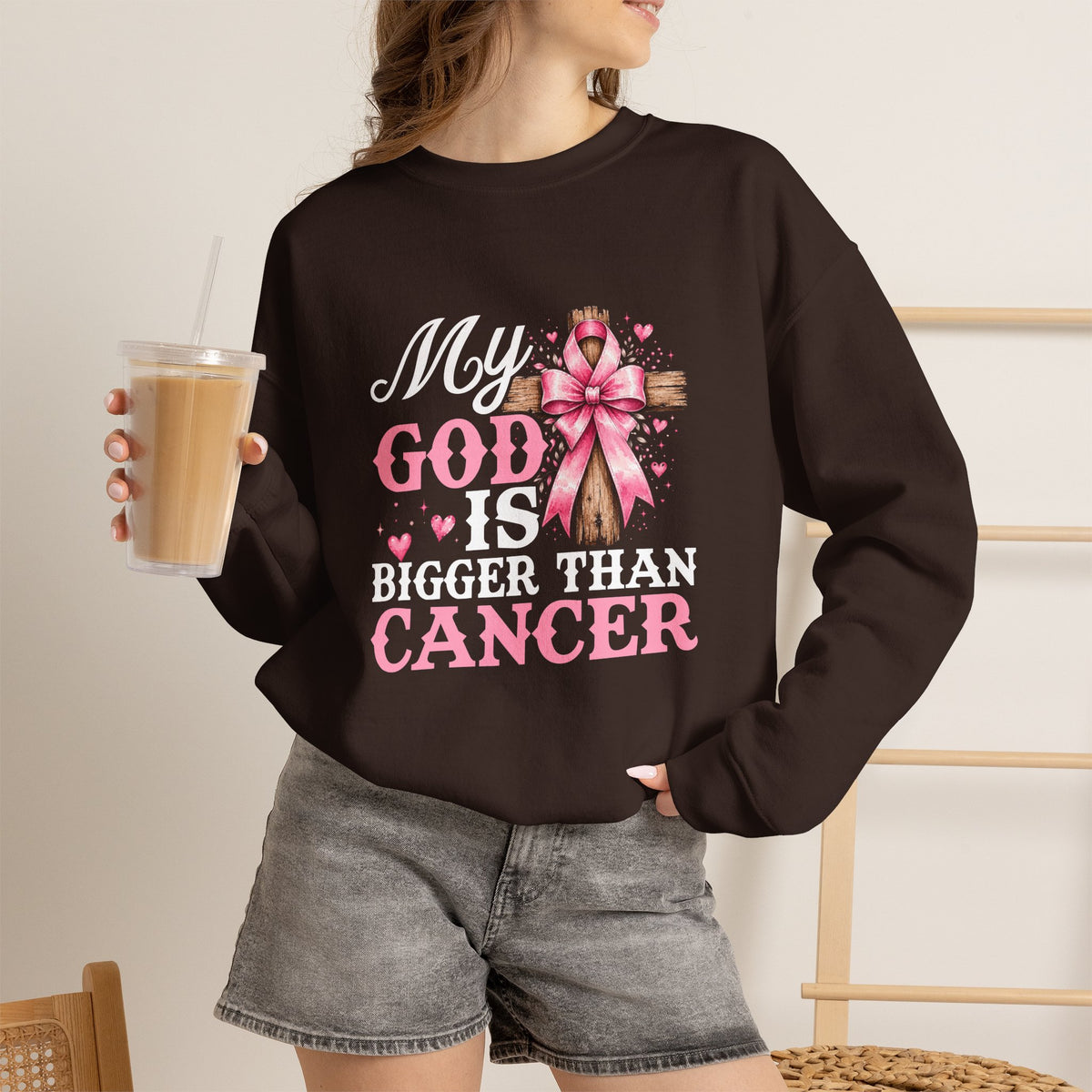 My God Is Bigger Than Cancer Breast Cancer Awareness Crewneck Sweatshirt