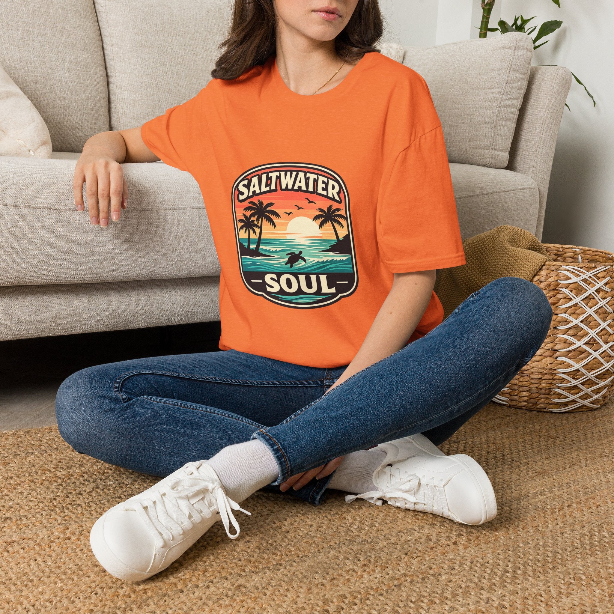 Saltwater Soul Retro Beach T-Shirt — Cute Coastal Gift for Women Sunset Palm Tee