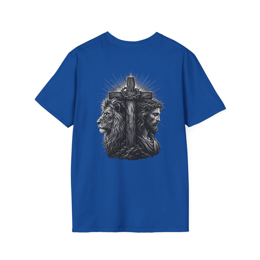 Cross Lion and Jesus Back Print T-Shirt — Wood Cross Chest Christian Faith Graphic