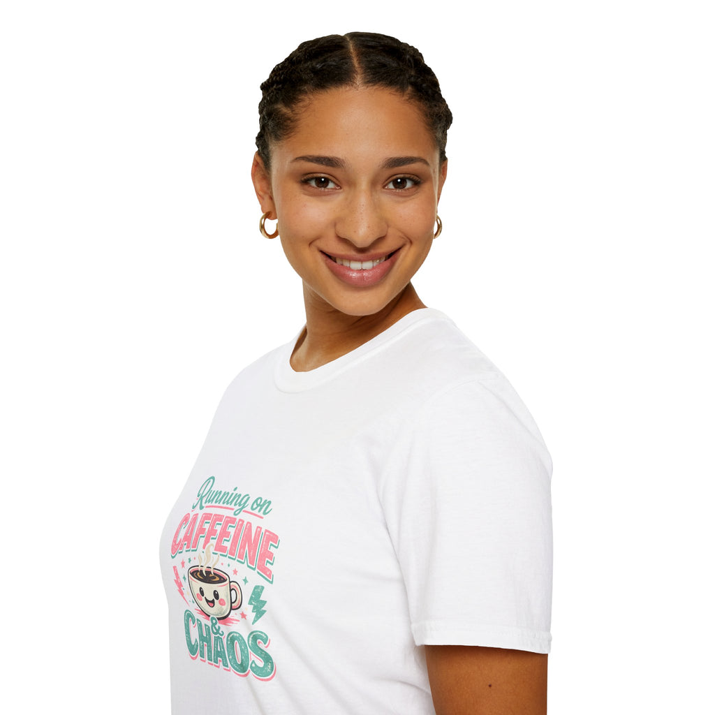 Running on Caffeine & Chaos T-Shirt — Funny Gift for Coffee Loving Moms Graphic Tee
