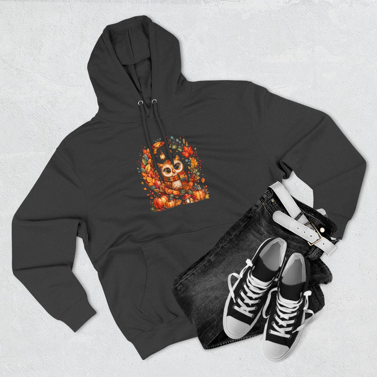 Cozy Autumn Owl Crescent Moon Embroidered Hoodie