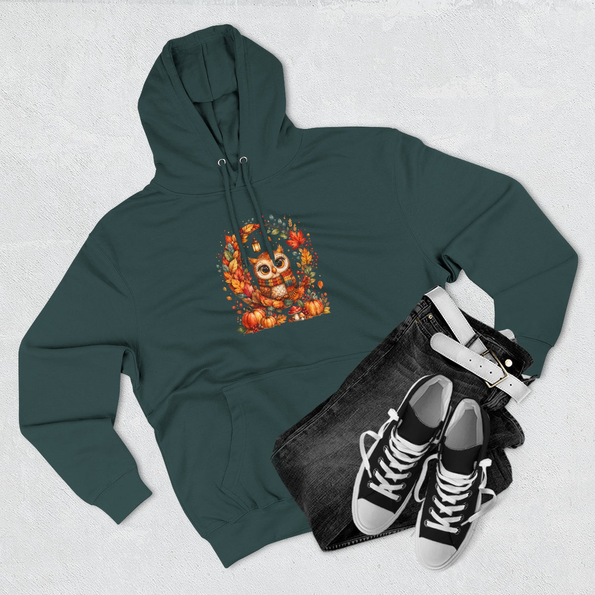 Cozy Autumn Owl Crescent Moon Embroidered Hoodie